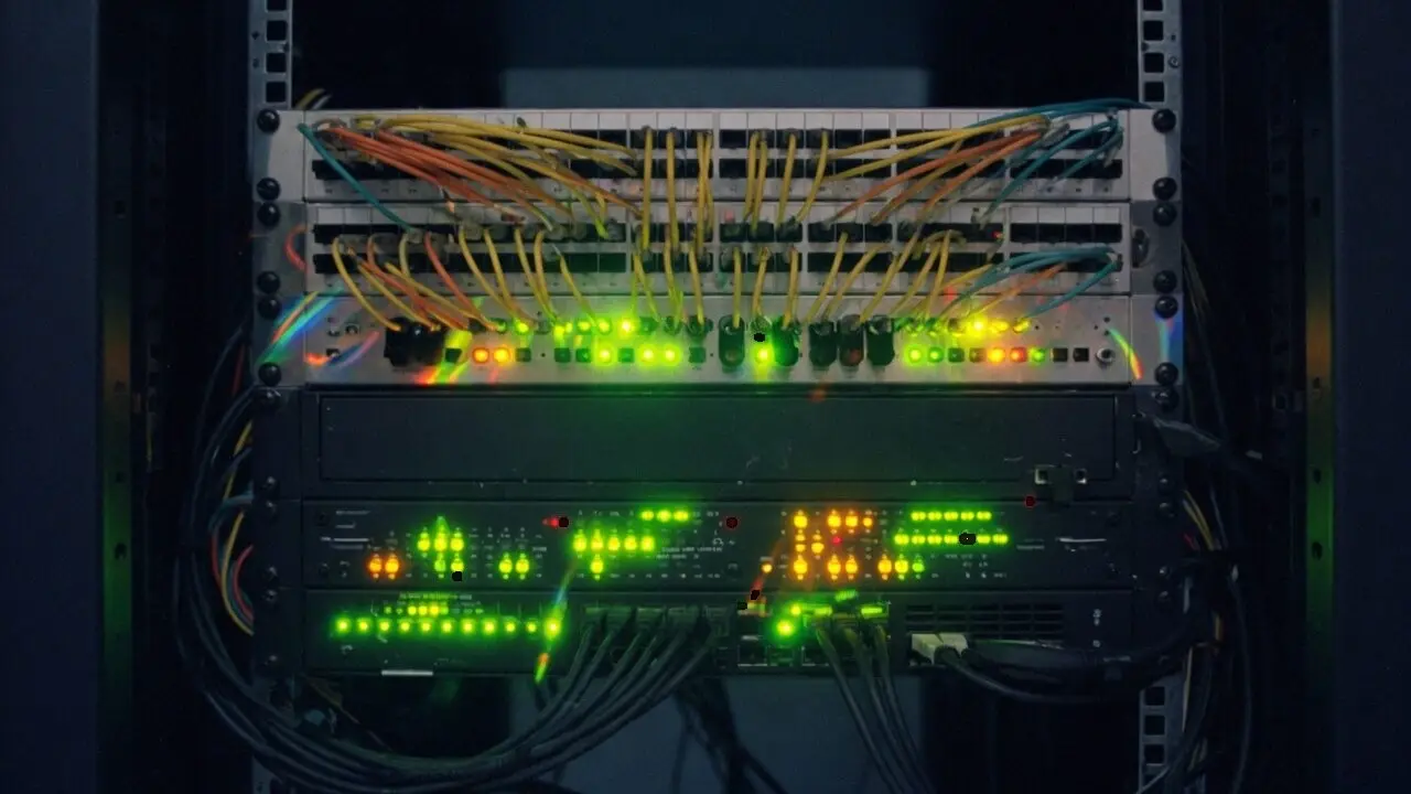 DDoS filter hardware in a dark rack, green and amber status lights blinking like live packet traffic.